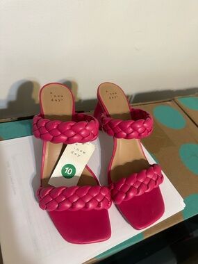 a new day Hot Pink Braided Double-Strap Block Heel Mules